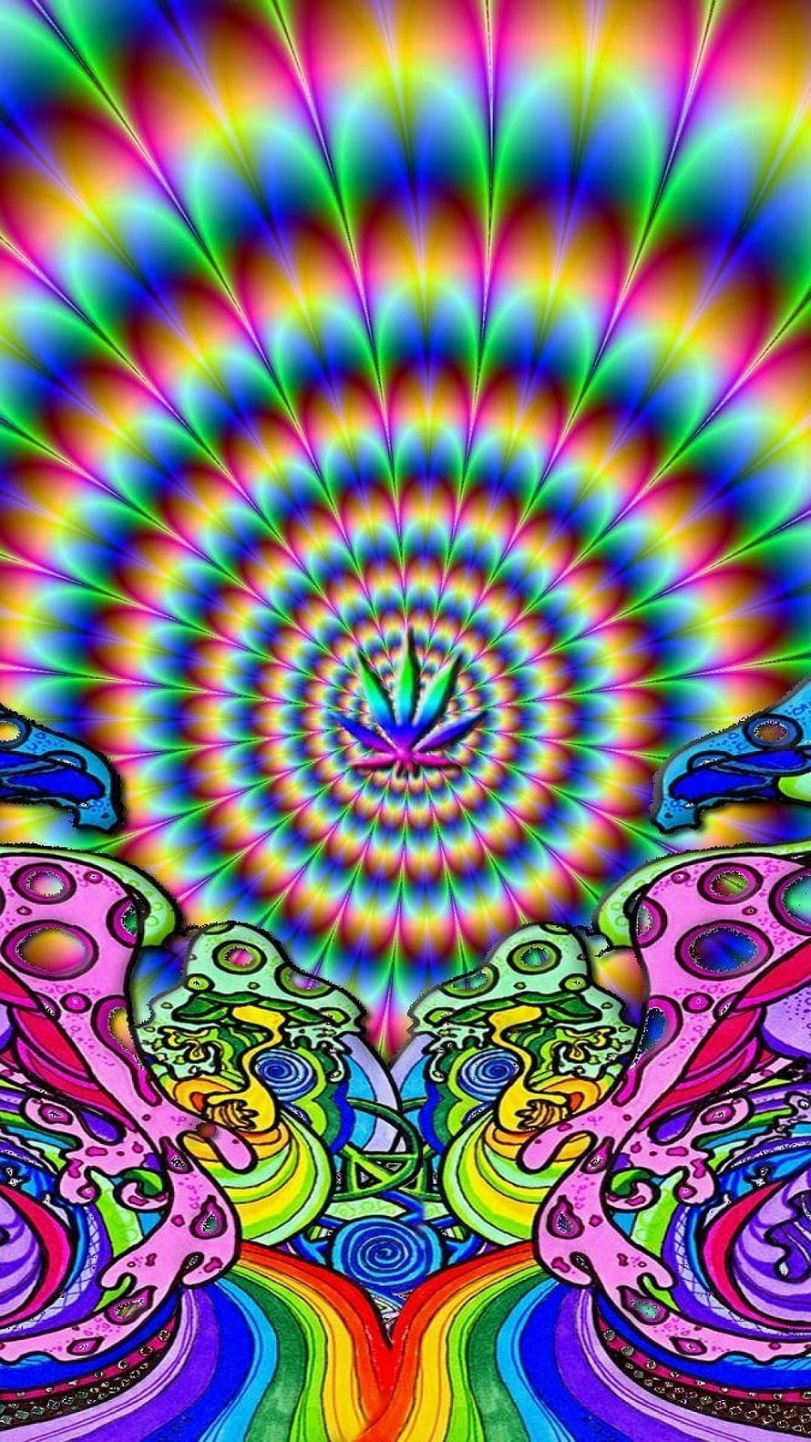 Psychedelic Trippy Weed Leaf Mandala with Vibrant Rainbow Colors and Abstract Organic Shapes HD phone wallpaper