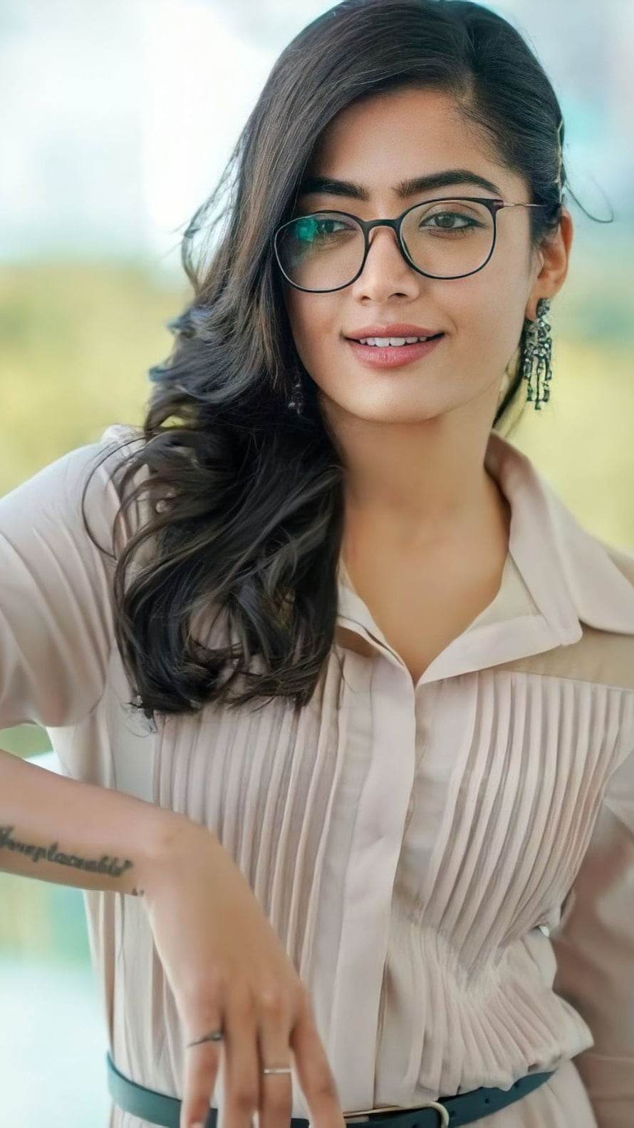 Portrait of a woman wearing glasses and a beige pleated shirt, Rashmika mandanna - Top Best Rashmika mandanna &Background , Rashmika HD phone wallpaper