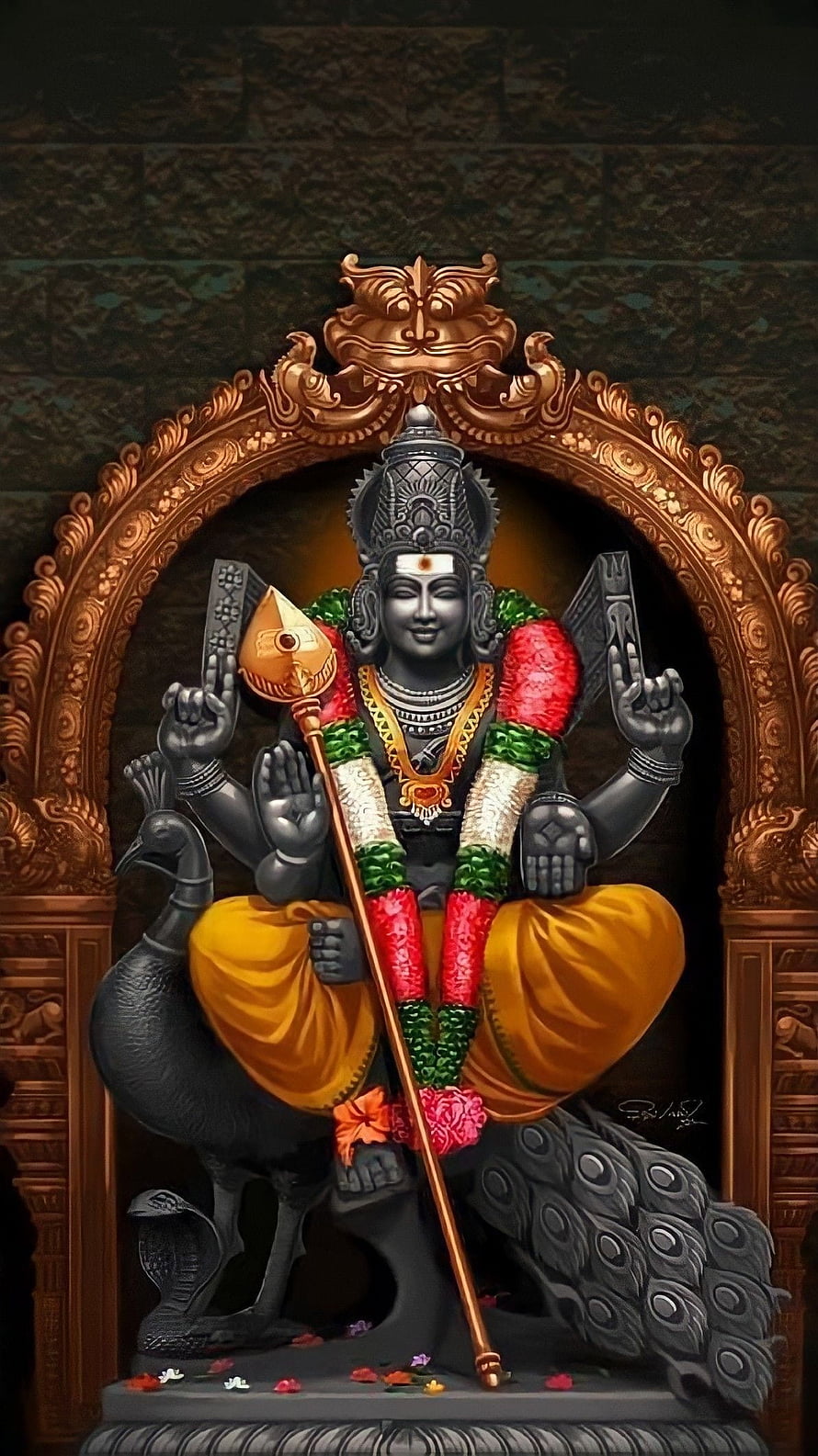 Lord Shiva Statue Sitting on Peacock with Golden Mace and Garland HD phone wallpaper