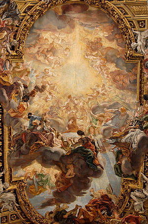 Baroque Ceiling Fresco of Heavenly Ascension with Angels and Saints in Ornate Gold Frame HD phone wallpaper