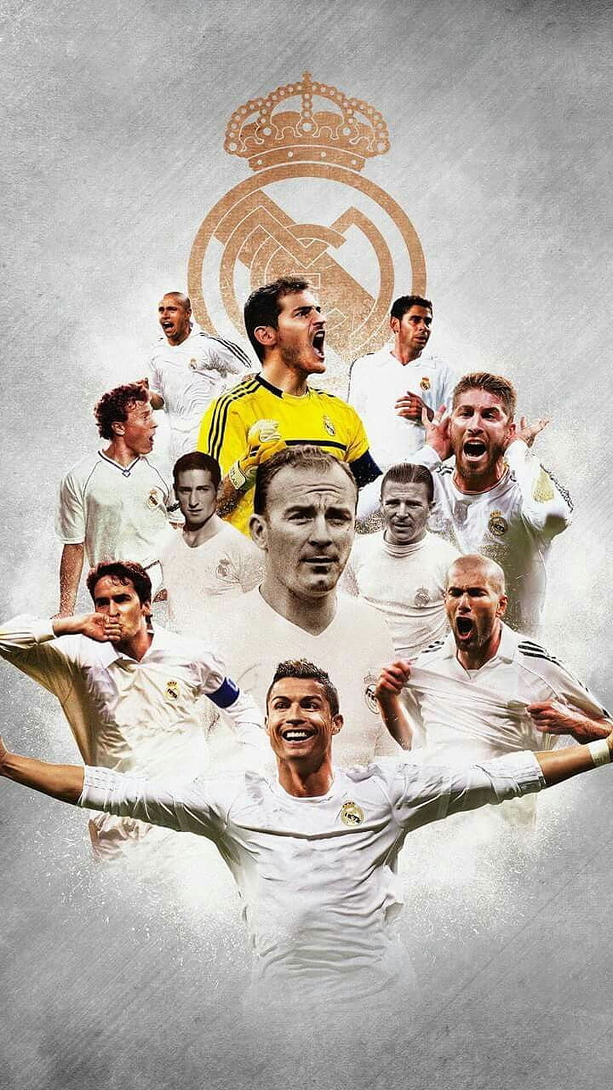 Real Madrid Legends Collage Featuring Cristiano Ronaldo, Zinedine Zidane, and Alfredo Di Stefano HD phone wallpaper