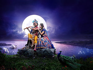 Radha and Krishna playing flute under a full moon with peacock and swans HD wallpaper