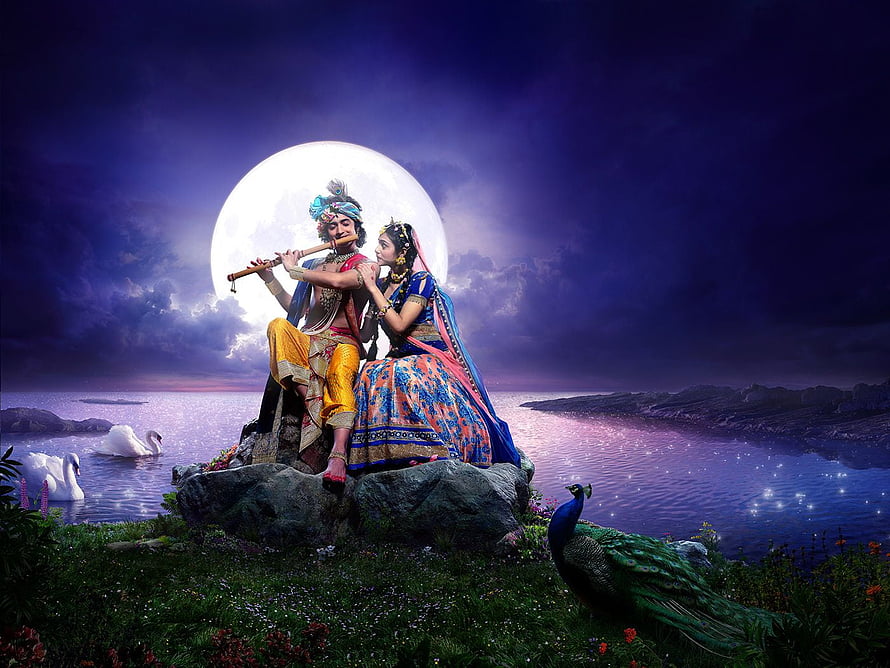 Radha and Krishna playing flute under a full moon with peacock and swans HD wallpaper