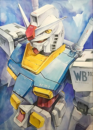 Watercolor Illustration of RX-78-2 Gundam Mobile Suit in Blue and White Armor HD phone wallpaper