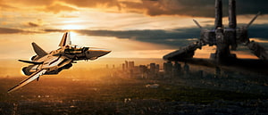 Robotech Veritech and SDF-1 Macross flying over a city at golden hour sunset HD wallpaper