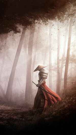 Lone Samurai Warrior in Misty Forest with Red Cape and Katana HD phone wallpaper
