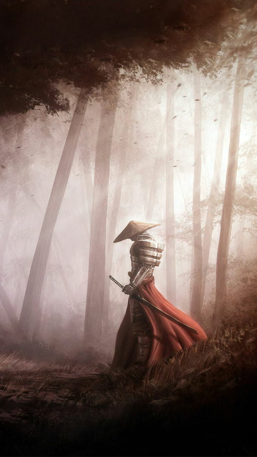 Lone Samurai Warrior in Misty Forest with Red Cape and Katana HD phone wallpaper