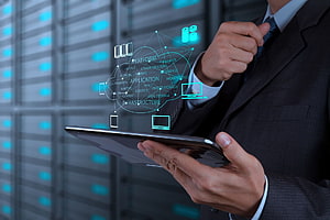 Businessman Holding Tablet with Cloud Computing Network Diagram in Server Room, Professional Office Background. Office, Professional Business HD wallpaper