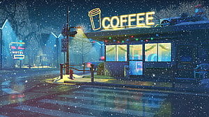 Cozy Snowy Night Street Scene With Neon Coffee Shop Sign And Falling Snowflakes HD wallpaper