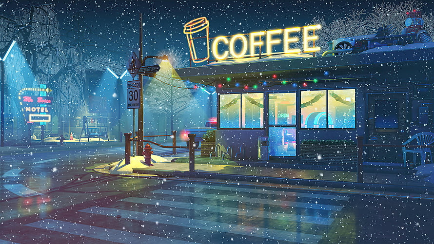 Cozy Snowy Night Street Scene With Neon Coffee Shop Sign And Falling Snowflakes HD wallpaper