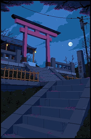 Pixel Art Japanese Shrine at Night with Full Moon and Cherry Blossoms HD phone wallpaper