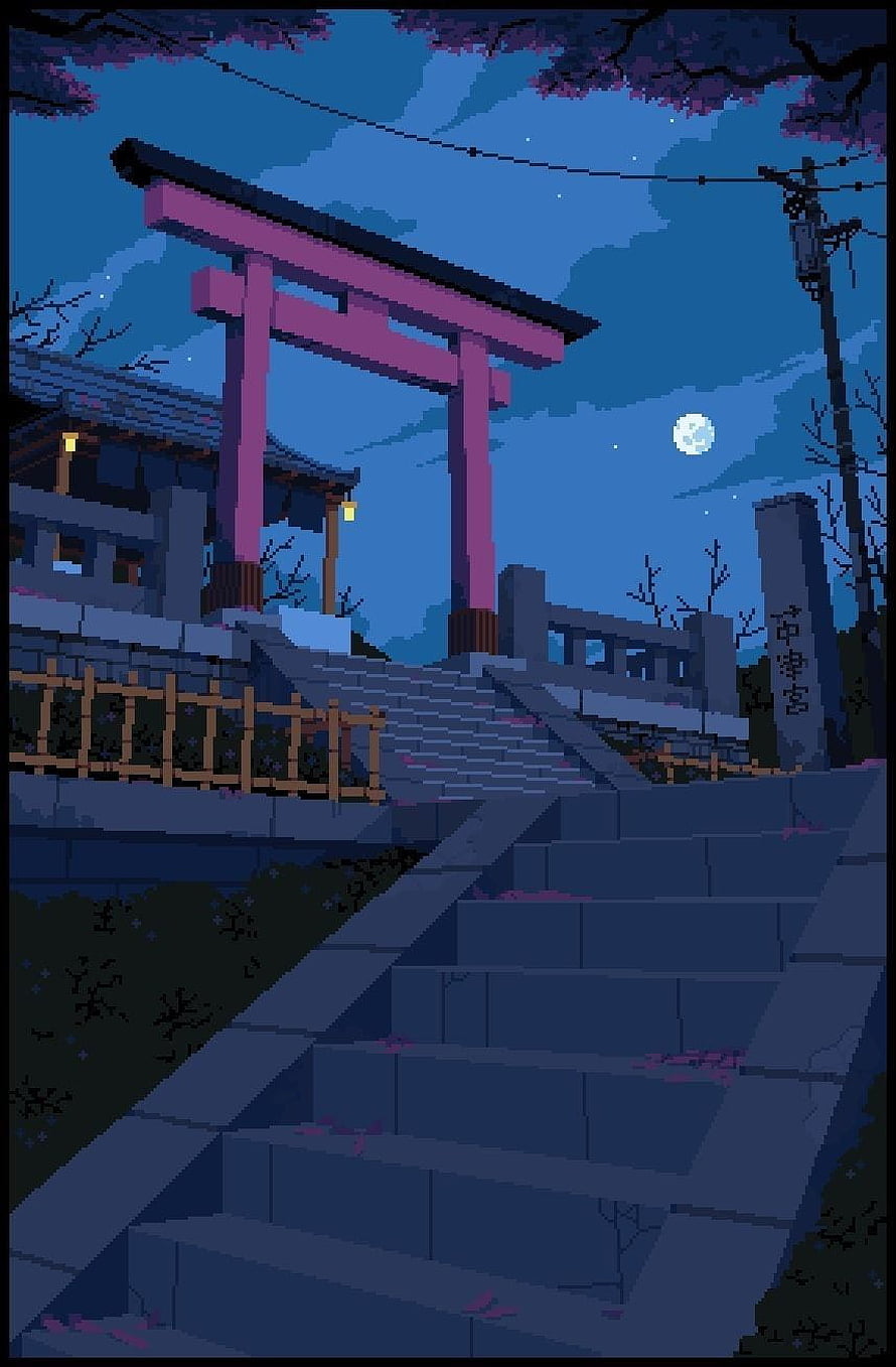 Pixel Art Japanese Shrine at Night with Full Moon and Cherry Blossoms HD phone wallpaper