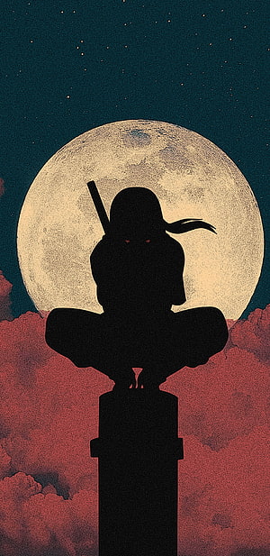 Silhouette of a Ninja Sitting on a Pillar Against a Giant Full Moon and Red Clouds HD phone wallpaper