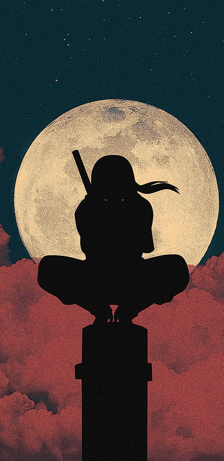 Silhouette of a Ninja Sitting on a Pillar Against a Giant Full Moon and Red Clouds HD phone wallpaper