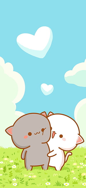 Cute cartoon cats hugging in a grassy field with heart clouds HD phone wallpaper