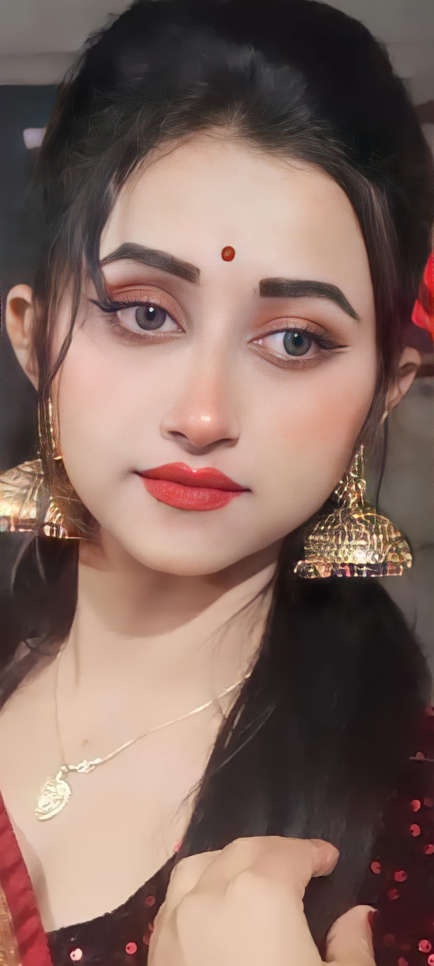 Portrait of a woman with traditional Indian jewelry, red lipstick, and a bindi, wearing a sequined outfit, Beautiful girl, Beauty, indian HD phone wallpaper