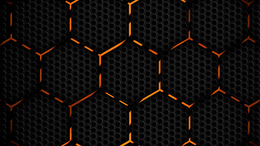Abstract Hexagonal Mesh Pattern With Glowing Orange Edges On Dark Perforated Metal Texture HD wallpaper