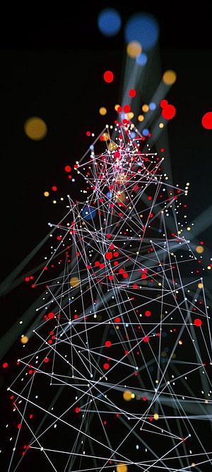 Abstract Geometric Christmas Tree with Glowing Red and Gold Dots on Black Background HD phone wallpaper