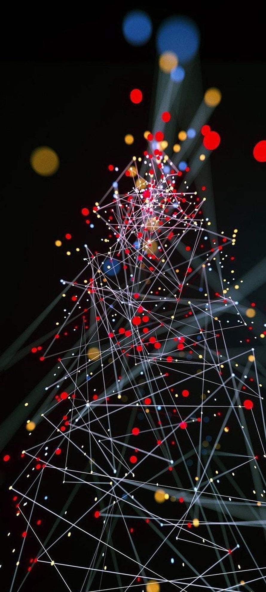 Abstract Geometric Christmas Tree with Glowing Red and Gold Dots on Black Background HD phone wallpaper