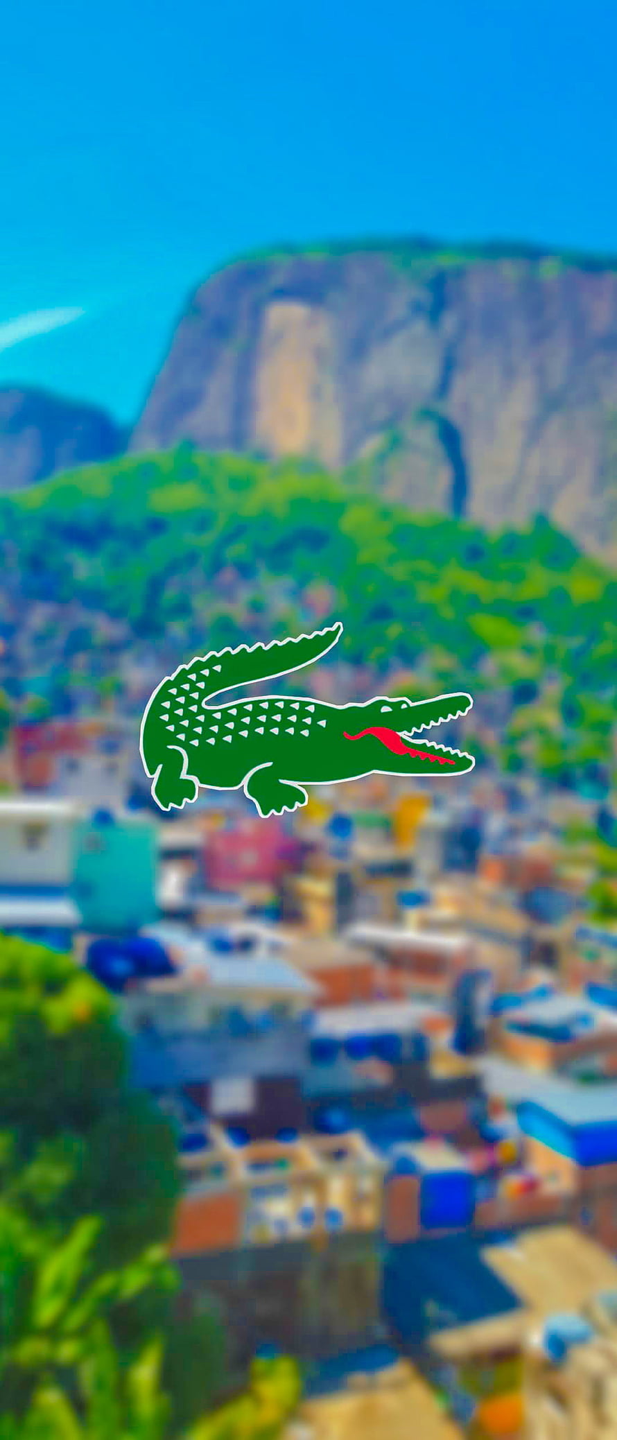 Lacoste Crocodile Logo Over Blurred Favela Cityscape With Mountain Backdrop HD phone wallpaper