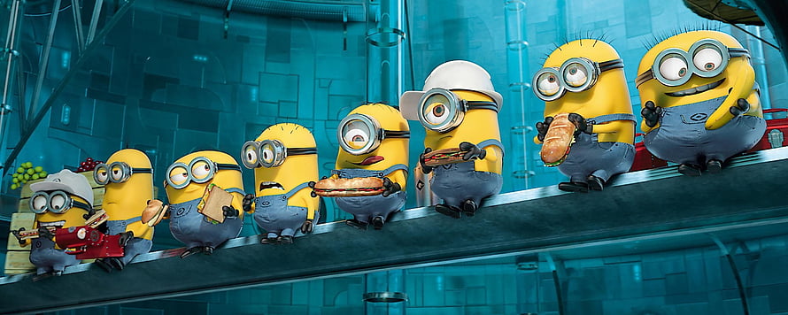 Group of Minions Eating Hot Dogs and Sandwiches on a Conveyor Belt HD wallpaper