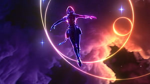 Astra Valorant Agent Floating in Cosmic Nebula with Glowing Energy Rings HD wallpaper