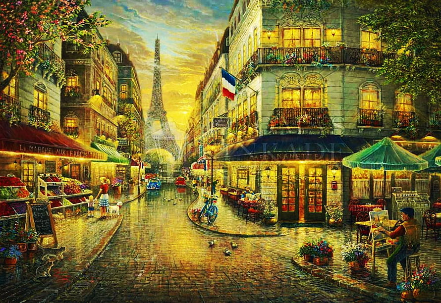 Romantic Paris Street Scene with Eiffel Tower at Sunset, Cobblestone Alley, Cafe, and Market, Paris Café, eiffel tower, tables, street, houses, people, shops, restaurant, chairs, artwork, painting HD wallpaper