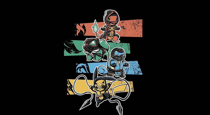 Chibi Ninja Pokemon Team Illustration with Colorful Bandana Accents HD wallpaper