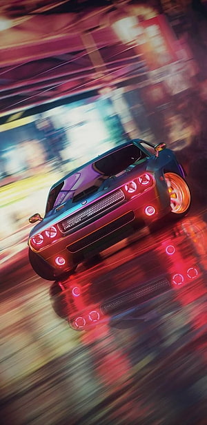 Dodge Challenger Drifting Through Neon City Streets With Motion Blur HD phone wallpaper