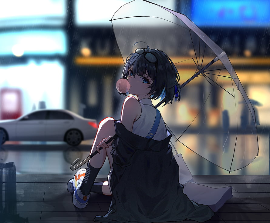 Anime Girl Sitting in Rain with Transparent Umbrella and Bubble Gum HD wallpaper