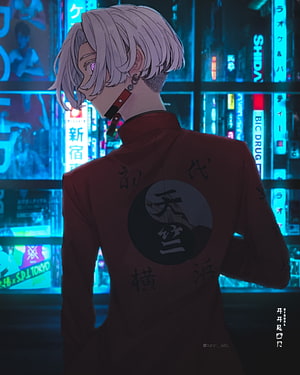 Izana Kurokawa from Tokyo Revengers in a red jacket with Tenjiku insignia against a neon city backdrop HD phone wallpaper
