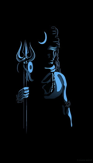 Blue Silhouette of Lord Shiva Holding Trishul and Crescent Moon on Black Background HD phone wallpaper