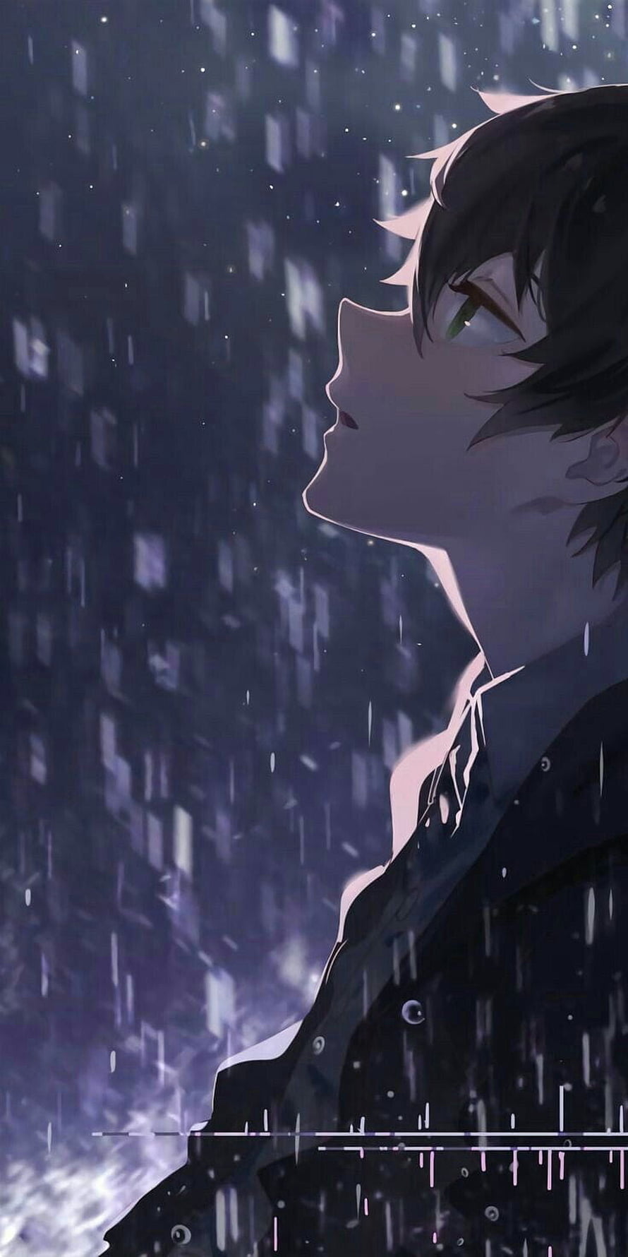 Melancholic Anime Boy Profile in Rainy Night Cityscape HD phone wallpaper