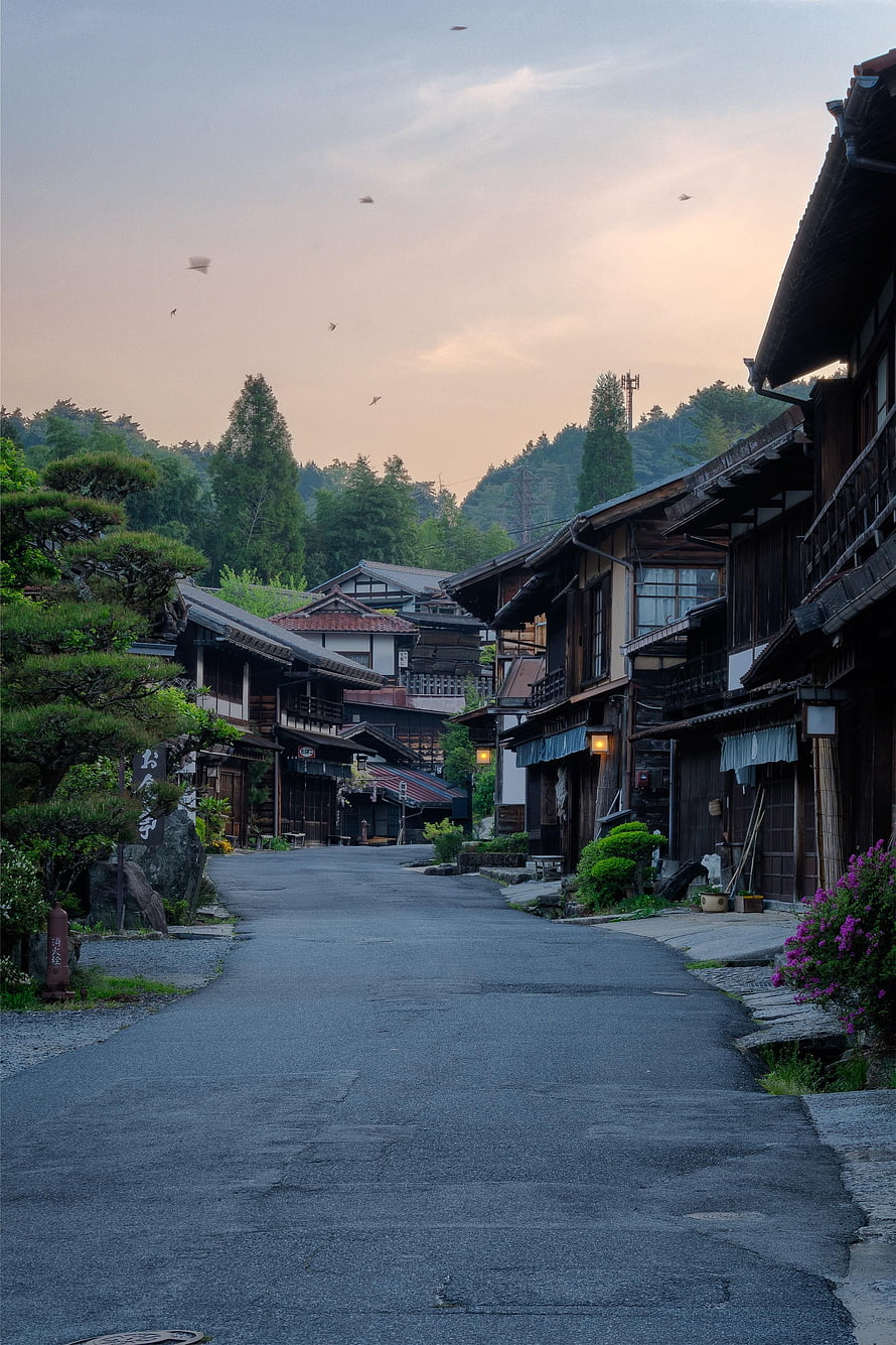Tsumago Juku Post Town Street in Japan at Dusk with Traditional Wooden Buildings HD phone wallpaper