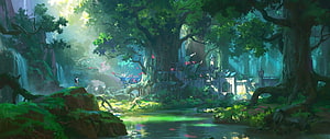 Enchanted Forest Landscape With Ancient Ruins And Sunlit Stream HD wallpaper