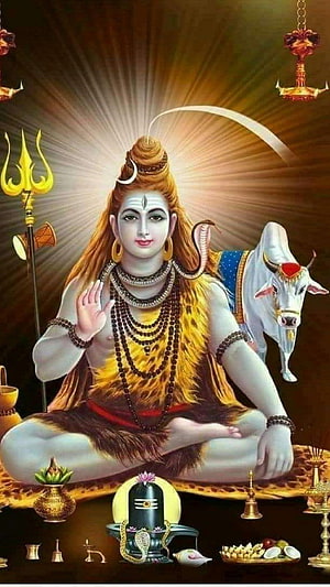 Lord Shiva Sitting in Meditation with Nandi Bull, Trishul, and Shiva Lingam HD phone wallpaper
