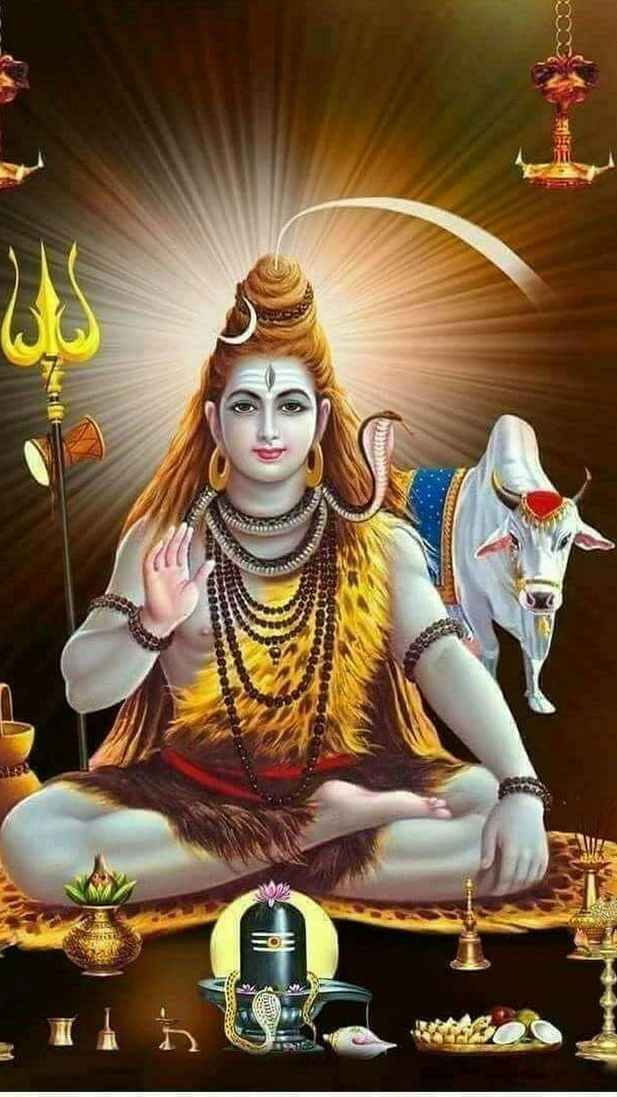 Lord Shiva Sitting in Meditation with Nandi Bull, Trishul, and Shiva Lingam HD phone wallpaper