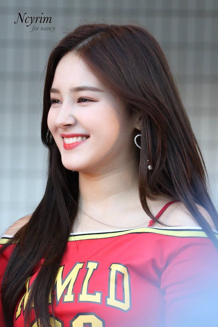 Nancy from Momoland smiling in a red off-shoulder top with long dark hair HD phone wallpaper
