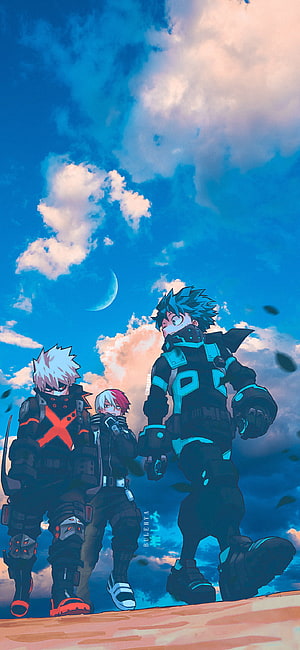 My Hero Academia Deku Bakugo and Todoroki Walking Under Blue Sky HD phone wallpaper