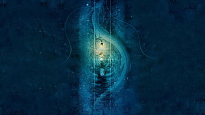 Fantasy Illustration of a Girl Floating in a Glowing Blue Cosmic Void with a Lantern HD wallpaper