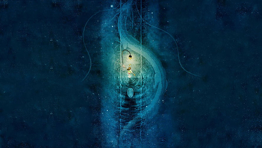 Fantasy Illustration of a Girl Floating in a Glowing Blue Cosmic Void with a Lantern HD wallpaper