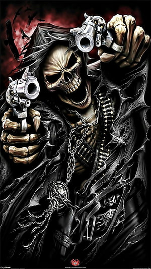 Grim Reaper Skeleton Holding Dual Revolvers With Pentagram Pendant And Bullet Bandolier HD phone wallpaper