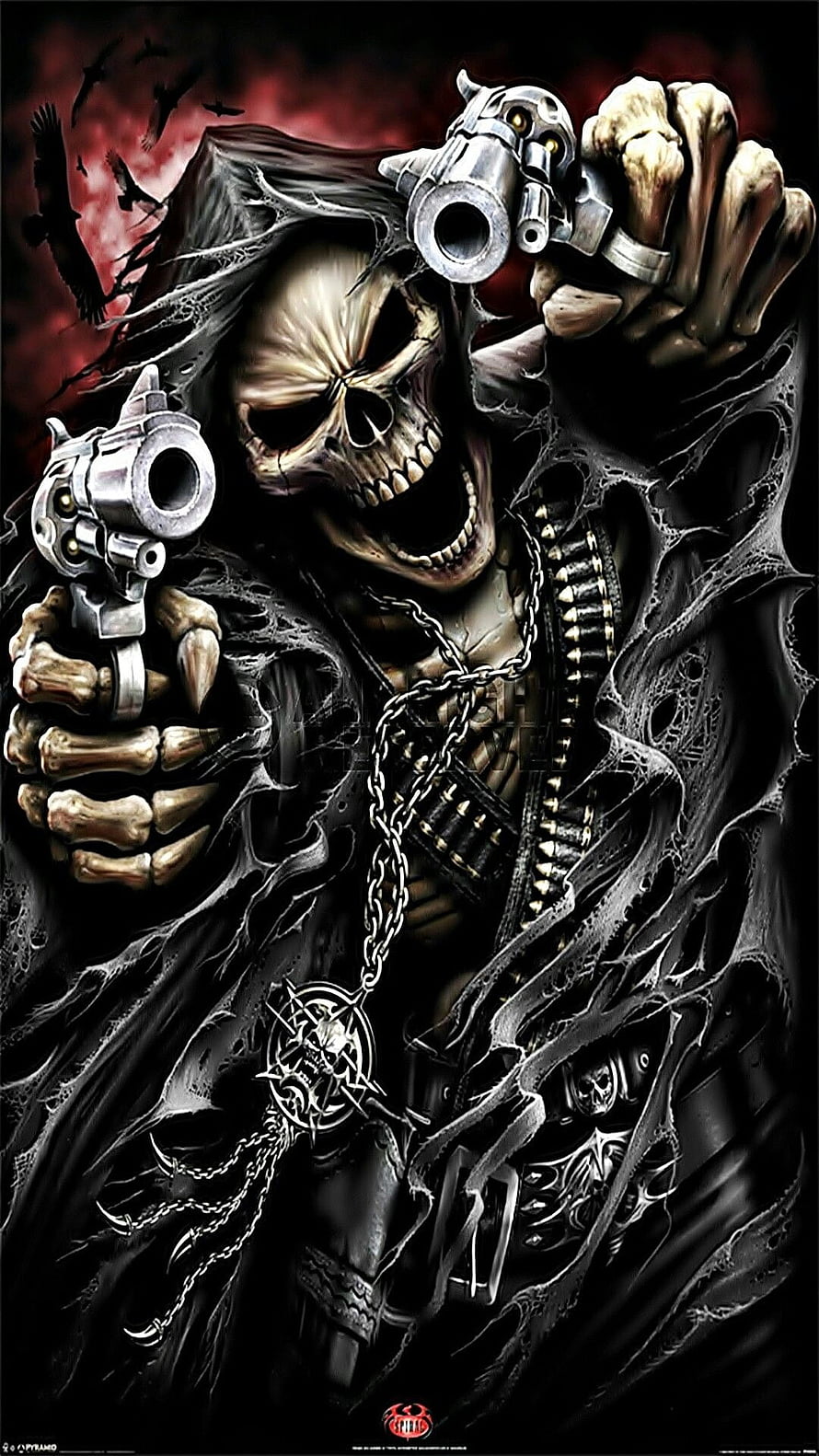 Grim Reaper Skeleton Holding Dual Revolvers With Pentagram Pendant And Bullet Bandolier HD phone wallpaper