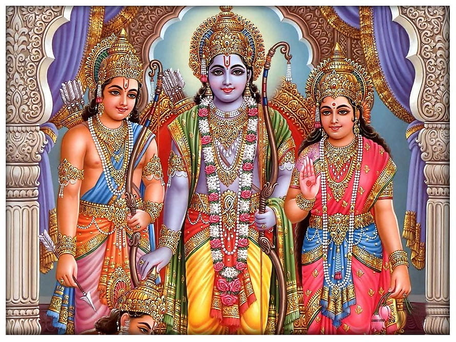 Lord Rama with Sita and Lakshmana in ornate traditional Indian painting style HD wallpaper