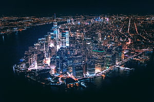 Aerial Night View of Lower Manhattan and the New York City Skyline HD wallpaper
