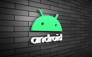 Android Robot Logo in 3D on Dark Gray Brick Wall HD wallpaper