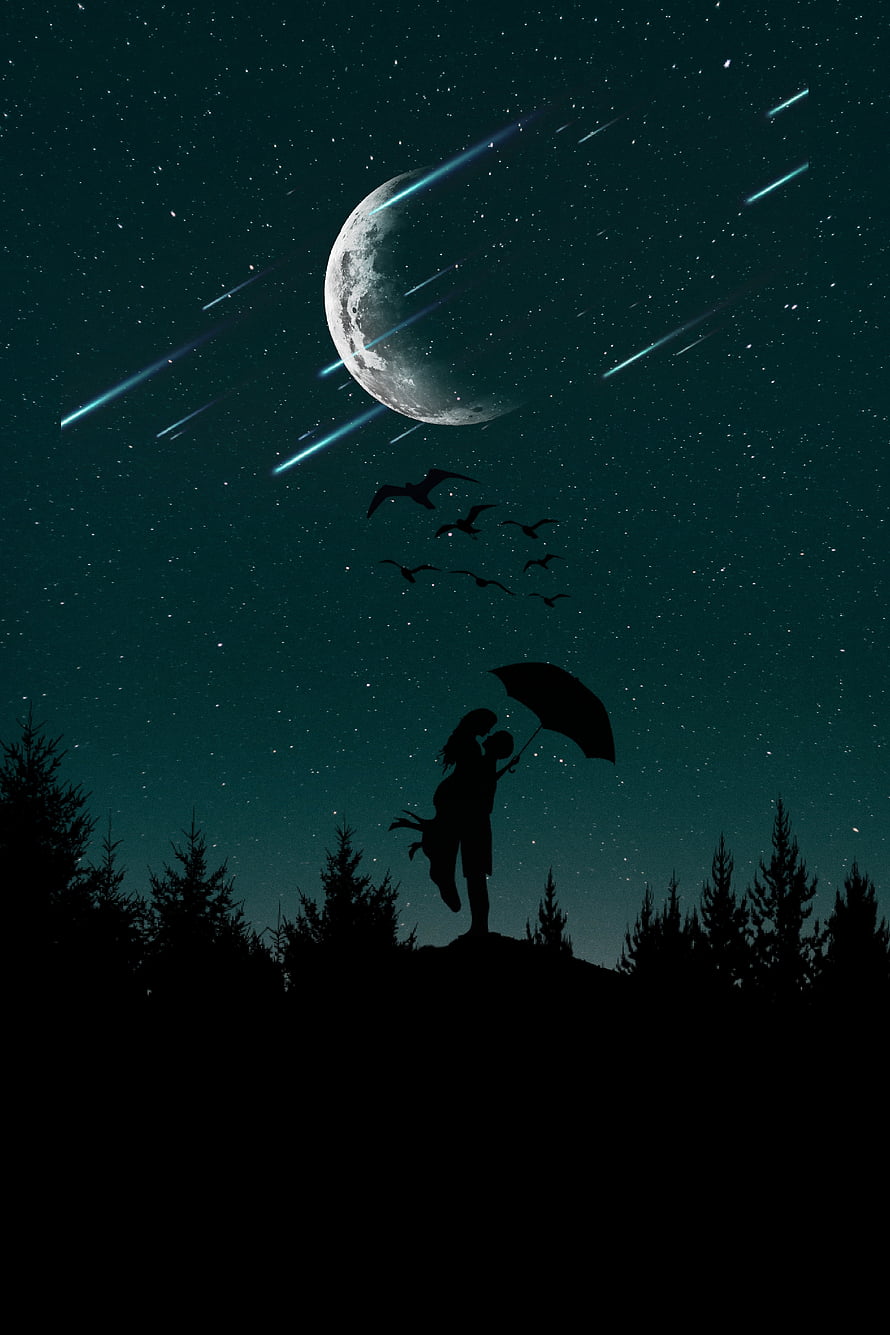 Silhouetted Couple Under Umbrella Gazing at Moon and Shooting Stars in Night Sky HD phone wallpaper