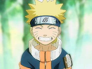 Naruto Uzumaki Smiling Portrait in Konoha Headband and Orange Jacket HD wallpaper