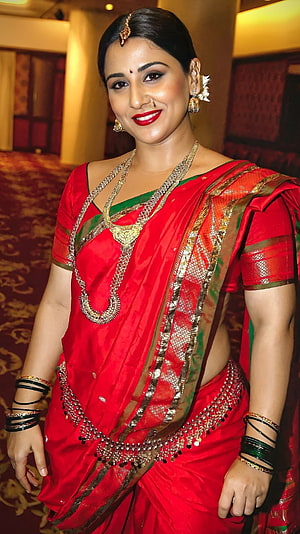 Vidya Balan in a red and green silk saree with gold zari border and traditional Indian jewelry HD phone wallpaper
