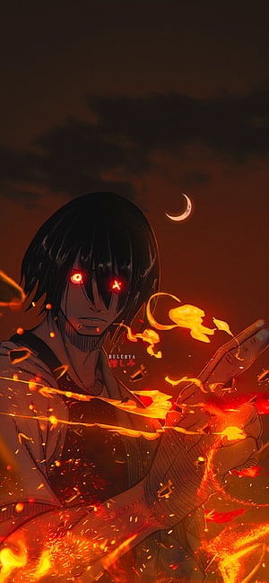 Anime Character With Glowing Red Eyes And Fire Magic Under Crescent Moon HD phone wallpaper
